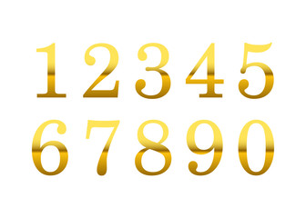 Gold 3d metallic numbers set. Golden metal texture font, isolated on white background. Luxury type symbols. Elegant typography graphic. Bright royal style typeset decoration. Vector illustration