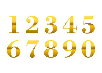 Gold numbers set. Golden metallic font, isolated on white background. Beautiful typography metal design for decoration. Symbol elegance royal graphic. Modern fashion signs. Vector illustration