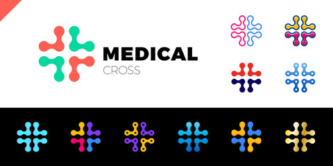 Medical logo with cross icon. Abstract doctor tech logotype connect set