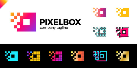 Set of Business corporate colorful letter O logo design vector logotype for technology. Pixel square or box icon