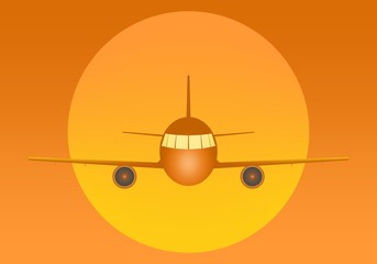 Fototapeta na wymiar Orange flying airliner with engines and windows from the front with a large yellow sun in the back on an orange background. Air transport at sunset
