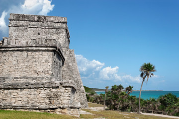 Rear of Tulum pyramid by the Caribbean coastline