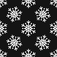 Fototapeta na wymiar Snowflake simple seamless pattern. White snow on black background. Abstract wallpaper, wrapping decoration. Symbol of winter, Merry Christmas holiday, Happy New Year celebration Vector illustration