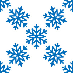 Snowflake simple seamless pattern. Blue snow on white background. Abstract wallpaper, wrapping decoration. Symbol of winter, Merry Christmas holiday, Happy New Year celebration Vector illustration