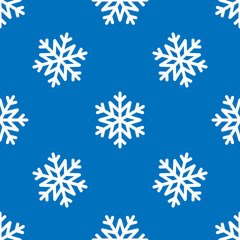 Snowflake simple seamless pattern. White snow on blue background. Abstract wallpaper, wrapping decoration. Symbol of winter, Merry Christmas holiday, Happy New Year celebration Vector illustration