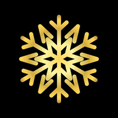 Gold Christmas snowflake icon. Golden silhouette snow flake sign isolated on black background. Elegant design for card, decoration. Symbol winter, New Year holiday celebration Vector illustration