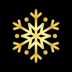 Gold Christmas snowflake icon. Golden silhouette snow flake sign isolated on black background. Elegant design for card, decoration. Symbol winter, New Year holiday celebration Vector illustration