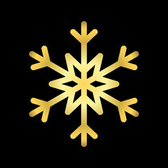 Gold Christmas snowflake icon. Golden silhouette snow flake sign isolated on black background. Elegant design for card, decoration. Symbol winter, New Year holiday celebration Vector illustration