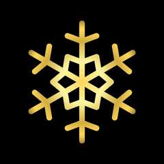 Gold Christmas snowflake icon. Golden silhouette snow flake sign isolated on black background. Elegant design for card, greeting, decoration. Shine texture. Symbol of winter Vector illustration