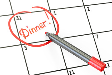 Dinner date on calendar concept, 3D rendering