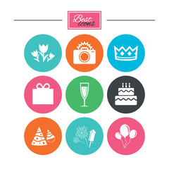 Party celebration, birthday icons. Fireworks.