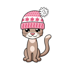 Cat in pink knitted hat isolated.
