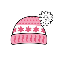 Pink winter knitted hat icon isolated.