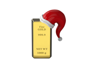 3D illustration gold bullion, gold bar with Santa Claus hat on a white background