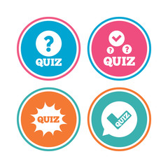 Quiz icons. Speech bubble with check mark symbol.