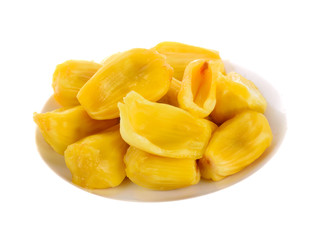 Ripe Jackfruit in white plate isolated on white background