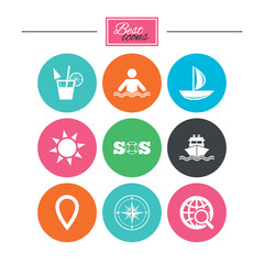 Cruise trip, ship and yacht icons. Travel signs.