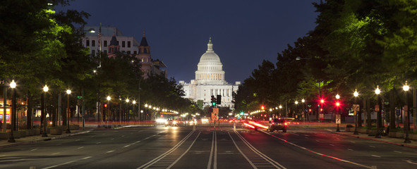 US Capitol and Constitution Avenue in Washington DC at night