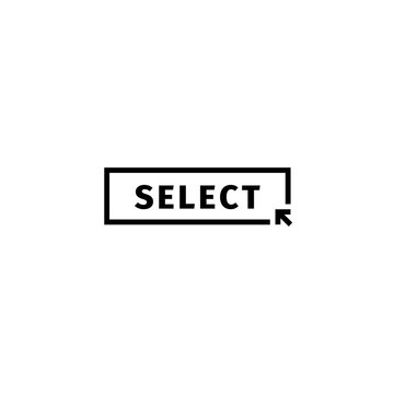 Isolated black word select in frame on white background logo. Website element with cursor logotype. Choice button icon. Unusual stamp vector illustration.