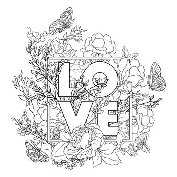 Rose flower background with word love. Outline drawing coloring