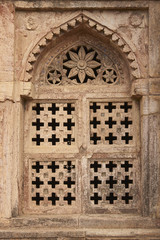 Detail of stone window of Darya Khan's tomb in the hilltop fortress of Mandu. 16th Century AD
