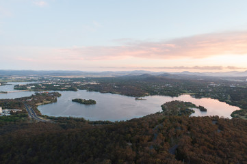 Evening sunset view of Canberra lakes and environs.