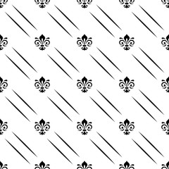 Seamless ornament. Modern geometric pattern with royal lilies. Black and white pattern