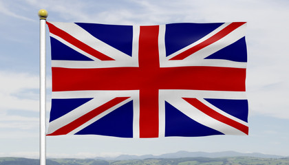 British flag or union jack flying on a flag pole against a blue sky and clouds