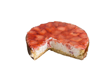 creamy cake with fruits in jelly isolated on white
