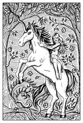 Unicorn and beautiful girl. Engraved fantasy illustration
