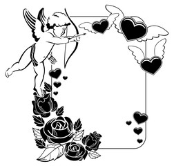 Black and white Valentine frame with cupid and hearts.