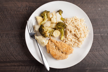 Lemon Lime Chicken with brown rice and roasted vegetables top view