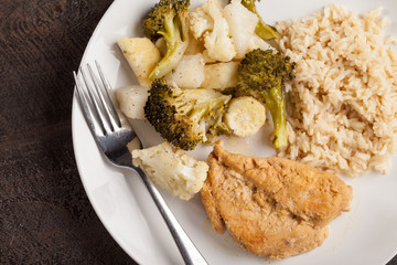 Lemon Lime Chicken with brown rice and roasted vegetables top view