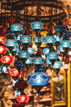 Amazing traditional handmade turkish lamps in souvenir shop. Mos