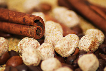 cinnamon and coffee beans, brown food