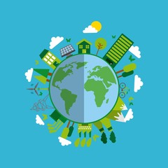earth planet with ecology and green ideas icons around over blue background. colorful design. vector illustration