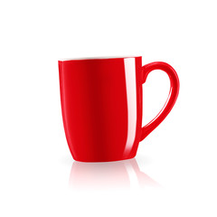 Red coffee mug with shadow on white background.