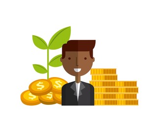 businessman smiling and moneygold coins over white  background. colorful design. vector illustration