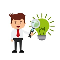 businessman holding a magnifiying glass and green bulb light icon over white background. colorful design. vector illustration