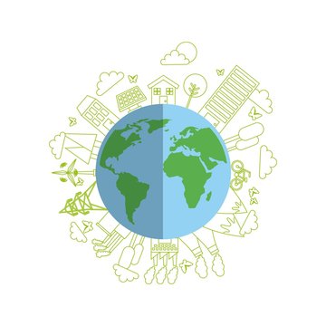earth planet with ecology and think green icons around over white background. colorful design. vector illustration