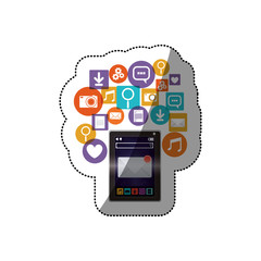 Tablet social media and multimedia icon set. Apps communication and digital marketing theme. Isolated design. Vector illustration