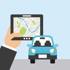 hand holding a tablet and autonomous car icon. colorful design. vector illustration