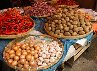 Mound of spices and popatoes sells in traditional market in Bogor Indonesia