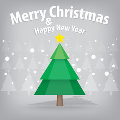 pine tree and snow theme, merry christmas and happy new year on