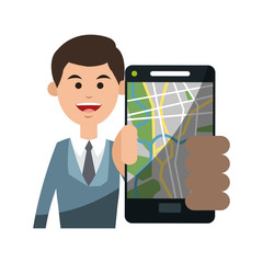 Man and smartphone with gps app icon. Travel navigation route and technology theme. Isolated design. Vector illustration