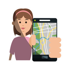 Woman and smartphone with gps app icon. Travel navigation route and technology theme. Isolated design. Vector illustration