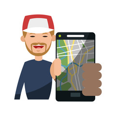 Man and smartphone with gps app icon. Travel navigation route and technology theme. Isolated design. Vector illustration