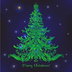 Decorative Christmas tree on black background. Stock line vector