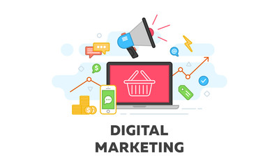 Digital marketing and social media vector flat illustration. Concepts web banner and promo material. Pay click seo social media analysis actions