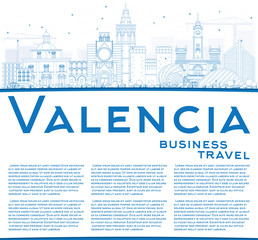 Outline Valencia Skyline with Blue Buildings and Copy Space.